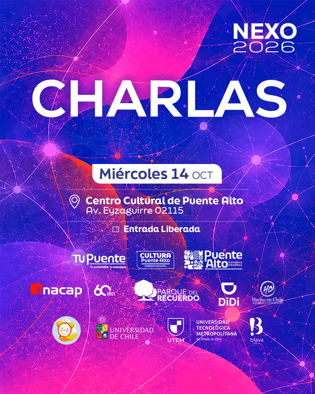 Gráfica oficial de charlas NEXO 2026 con la fecha y organizaciones participantes